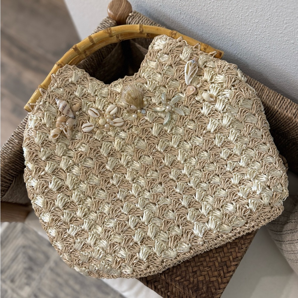 Vintage Seashell Woven Handbag with Bamboo Handle